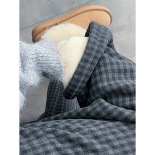 高腰显瘦宽松加绒加厚阔腿裤 羊羔绒灰黑色格子裤 女秋冬2025年新款
