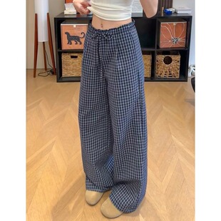 藏青色格子裤女夏季2025新款高腰显瘦韩版直筒垂感拖地慵懒阔腿裤