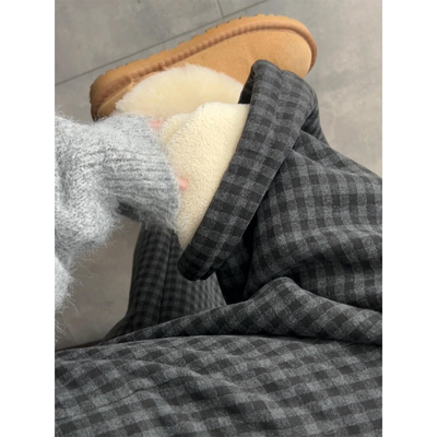 羊羔绒灰黑色格子裤女秋冬季2025新款高腰显瘦宽松加绒加厚阔腿裤
