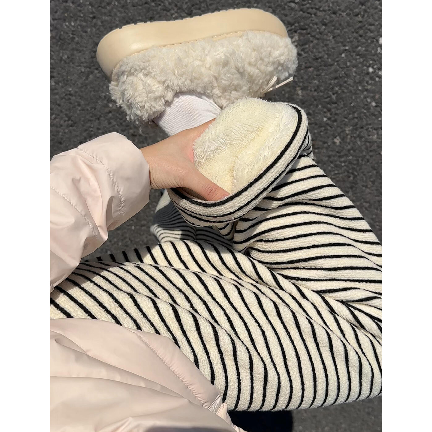 高腰黑白条纹毛巾裤长裤显瘦垂感