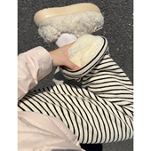 高腰显瘦垂感慵懒风休闲毛巾裤 黑白条纹加绒阔腿裤 女秋冬2025新款