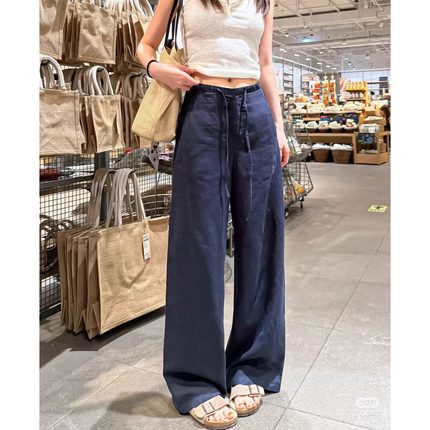 藏青色棉麻裤子女夏季2025新款高腰显瘦阔腿裤直筒宽松休闲亚麻裤
