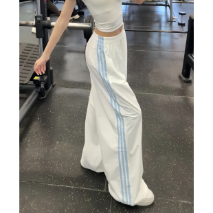 白色速干休闲裤子女夏季薄款2026新款高腰显瘦直筒条纹阔腿束脚裤
