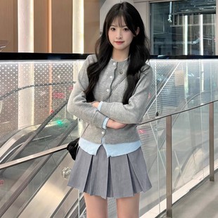 韩系学院风灰色百褶半身裙女秋季 高腰显瘦小个子A字短裙 2025新款