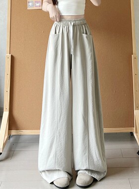 灰绿色高腰慵懒风阔腿裤女夏季2026年新款松弛感宽松显瘦休闲裤子