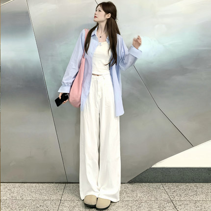 白色棉麻休闲西装裤子女夏季2025新款高腰显瘦垂感宽松拖地阔腿裤