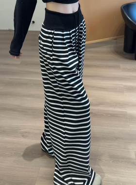 灰白色慵懒风条纹阔腿裤女秋季2025新款高腰宽松显瘦小个子休闲裤