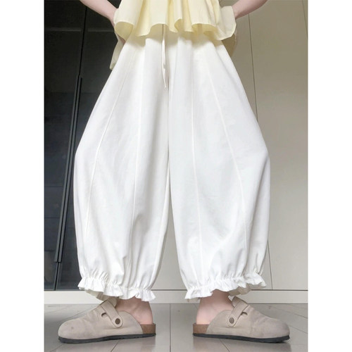 小个子白色木耳边花苞休闲裤子女2026夏季新款高腰显瘦九分阔腿裤