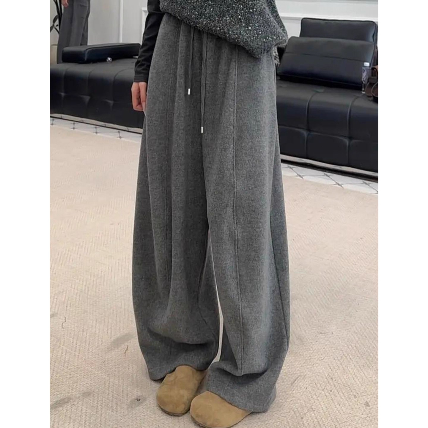 灰色毛呢中线阔腿裤女秋冬2025新款宽松高腰显瘦休闲慵懒风弯刀裤