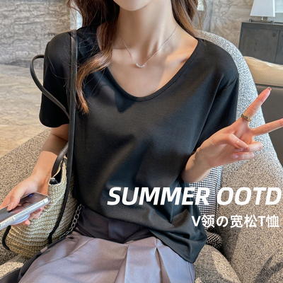 短袖v领宽松短袖外穿t恤正肩黑色