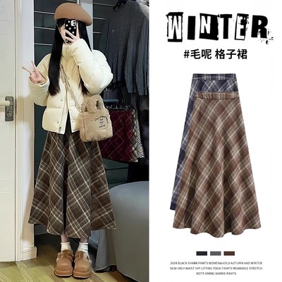 毛呢格子半身裙女秋冬加厚中长款小个子气质高腰a字包臀复古伞裙