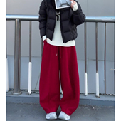 女冬季 2026年新款 加长款 红色韩系弯刀裤 慵懒风高腰显瘦阔腿休闲裤