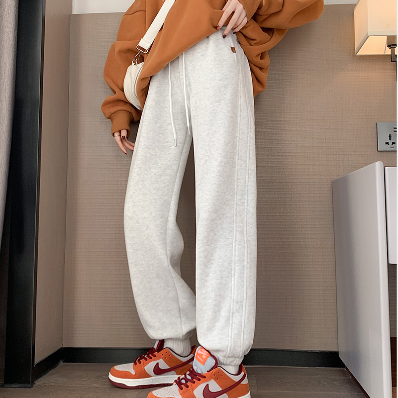 白灰色加绒束脚卫裤运动裤女