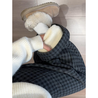 羊羔绒灰黑色格子裤女秋冬2025年新款高腰显瘦宽松加绒加厚阔腿裤