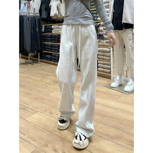 白灰色lulu卫裤女秋冬新款高腰宽松显瘦休闲运动直筒垂感阔腿裤子