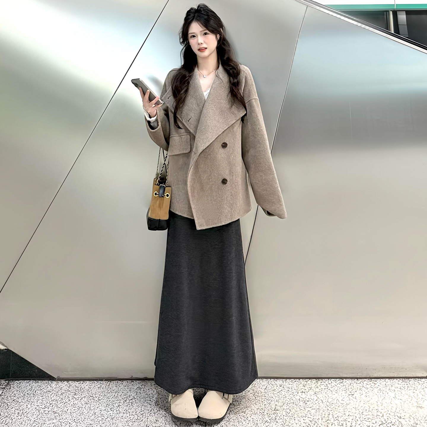 黑色针织鱼尾裙女高腰a字半身裙