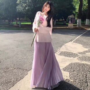 紫色法式百褶长裙女款2026夏季薄款高级感气质绝美韩系直筒半身裙