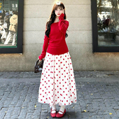 红色圆点花苞半身裙女春季 2026新款 韩系甜美高腰显瘦a字波点裙子
