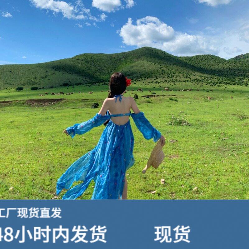 海边度假露背旅游穿搭拍照吊带连衣裙女2025年新款开叉荷叶边长裙