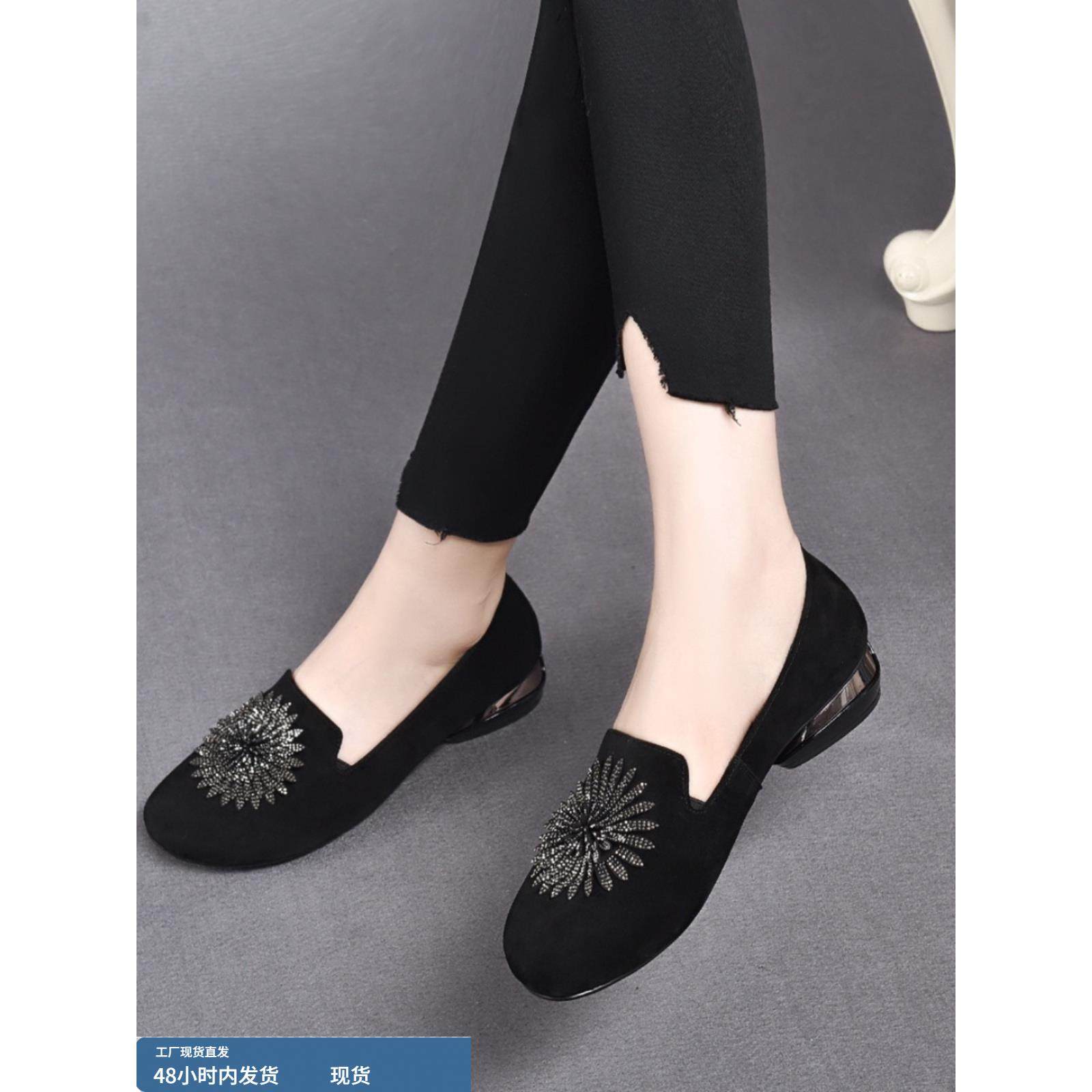 QYE8171真皮单鞋女防滑秋季新款娃娃头软皮底妈妈鞋粗跟磨砂皮鞋