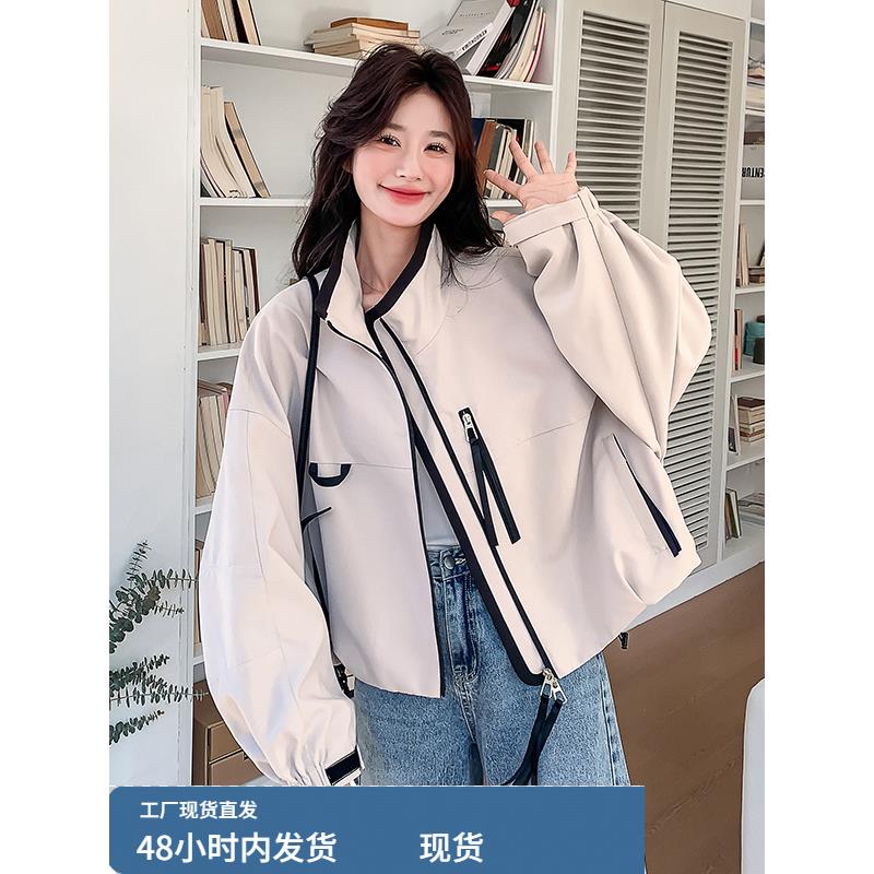 米色拼接撞色工装外套女春秋季今年流行韩系休闲超火夹克短款上衣