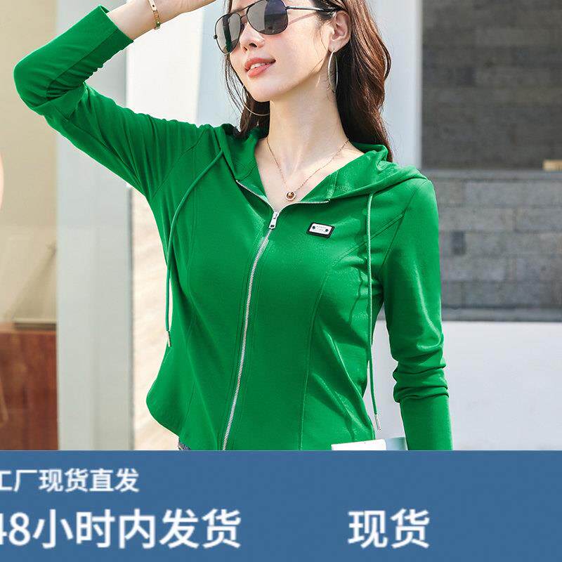 2026春秋新款双拉链连帽T恤衫卫衣女小个子百搭显瘦带帽开衫外套