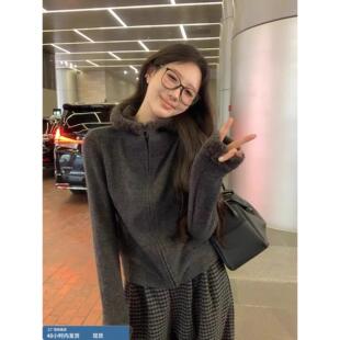 灰色羊羔毛连帽拉炼外套女秋冬加厚小个子卫衣开衫休闲短款上衣