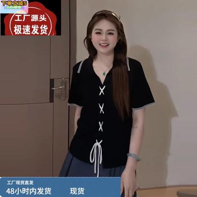 大码设计感翻领正肩短袖t恤女夏季胖mm显瘦绝美绑带黑色小众上衣