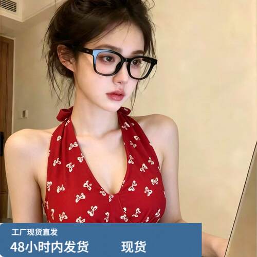 自留款推荐~辣妹风碎花挂脖系带吊带背心女夏季新款性感露背上衣