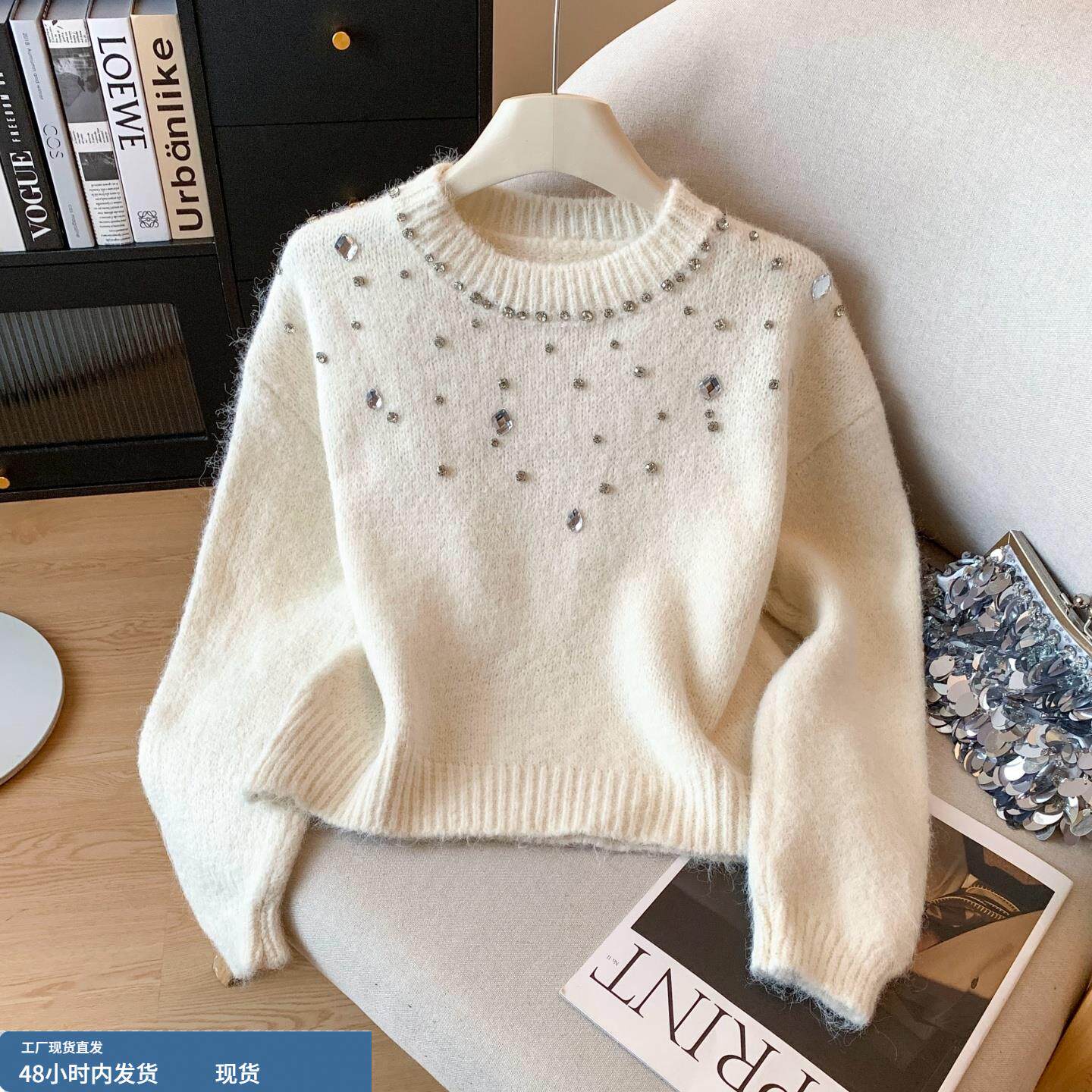 自留款推荐~设计感重工亮钻圆领针织衫女冬季款宽松洋气百搭毛衣