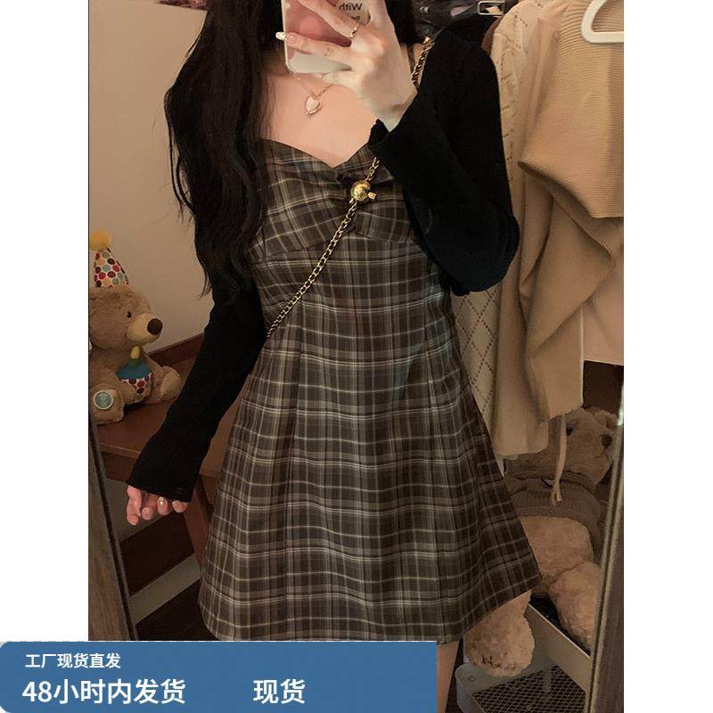 早秋新款纯欲两件套装女大码胖mm显瘦内搭打底格子吊带连衣裙开衫
