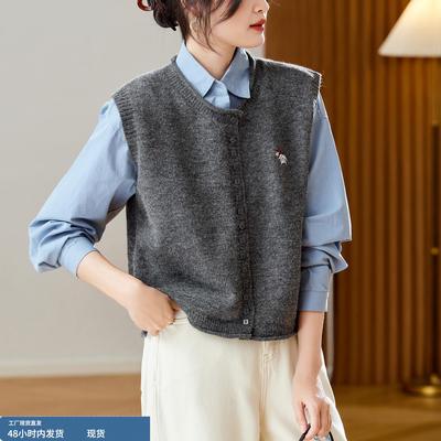灰色圆领针织开衫毛衣马甲女秋冬季叠穿软糯无袖短款背心马夹上衣