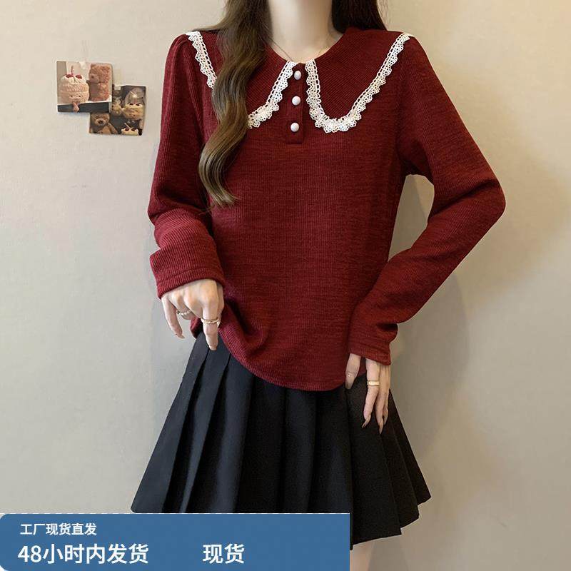 娃娃领加厚红色衬衫女秋冬大码胖mm高级感显瘦遮肚内搭打底衫上衣