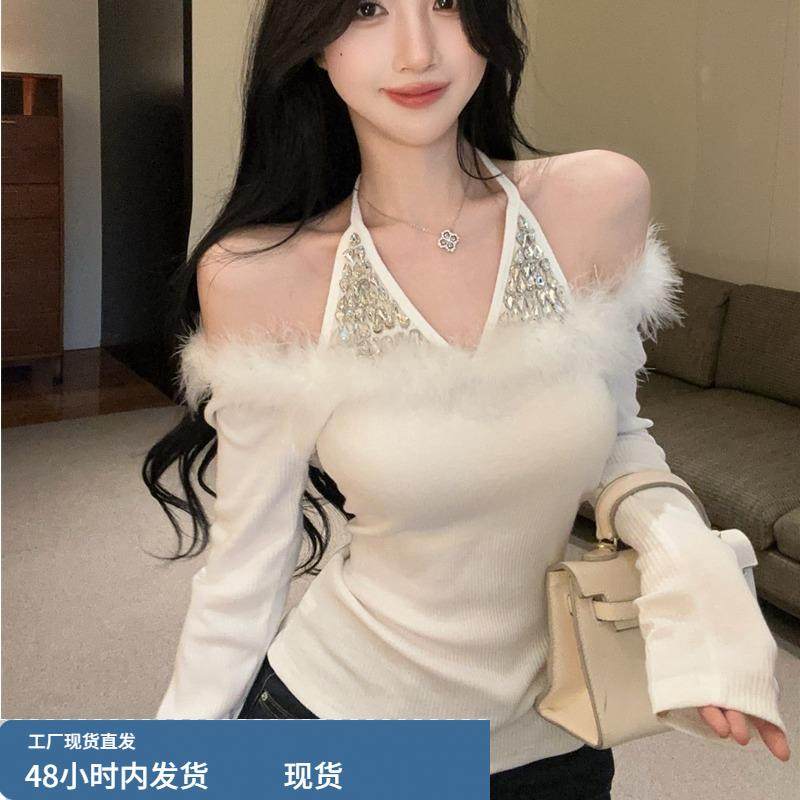 重工镶钻毛毛领针织衫女秋冬纯欲一字肩挂脖上衣打底衫内搭高级感