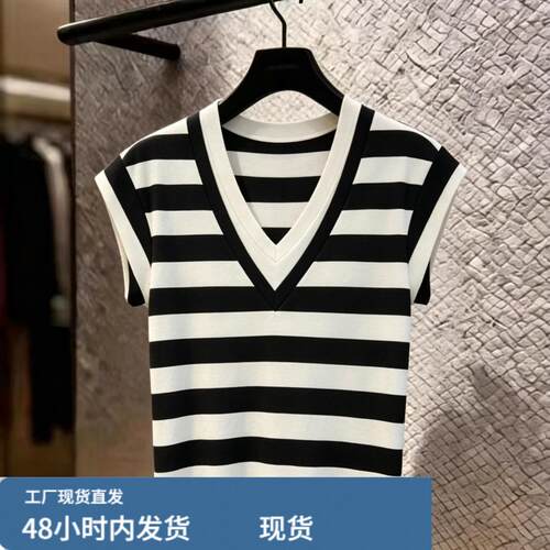 自留款推荐~高级感黑色条纹V领荷叶袖T恤女夏季时尚洋派减龄上衣