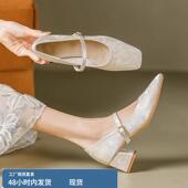 配旗袍绸缎刺绣不掉跟方头玛丽珍鞋 新中式 新款 女2025春季 国风单鞋
