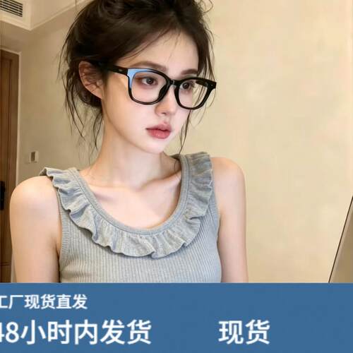 自留款推荐~韩系灰色荷叶边圆领针织背心女夏季甜美减龄漂亮上衣