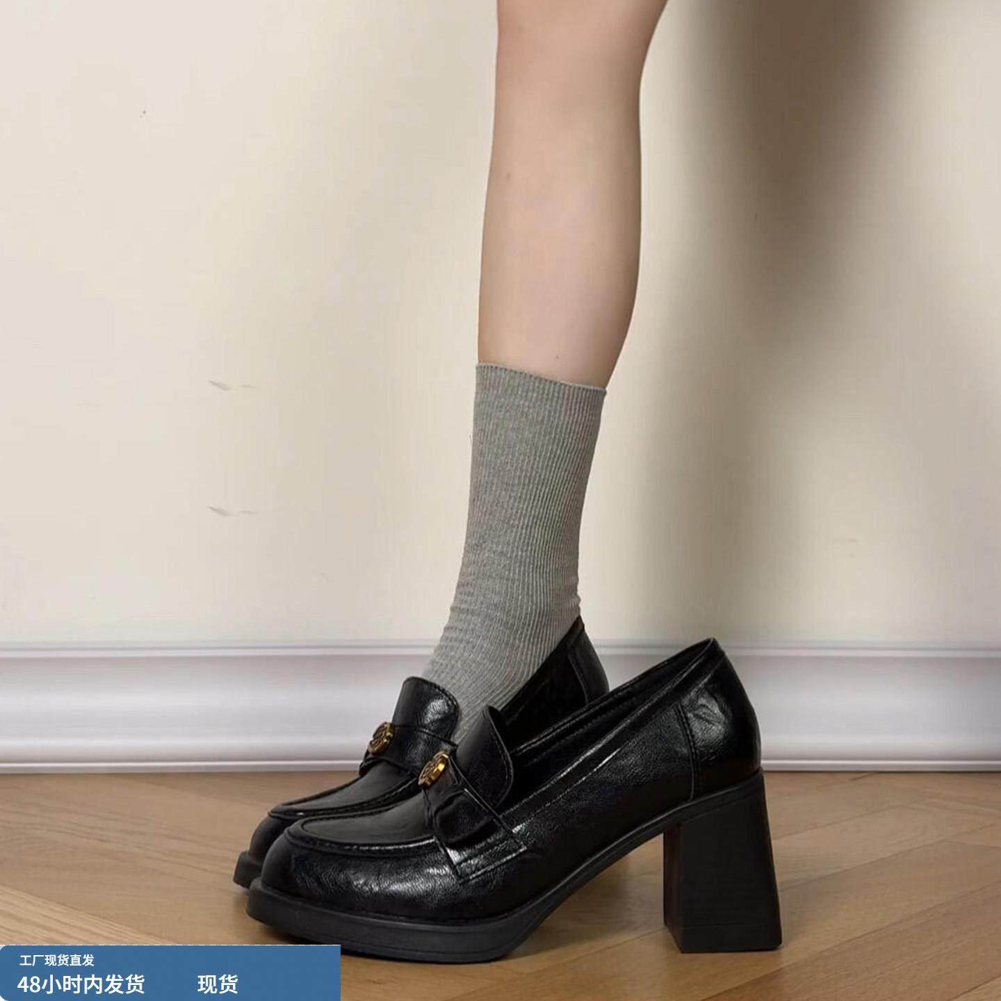 牛皮版~山茶花袜子配高跟乐福鞋女粗跟真皮增高JK风玛丽珍小皮鞋