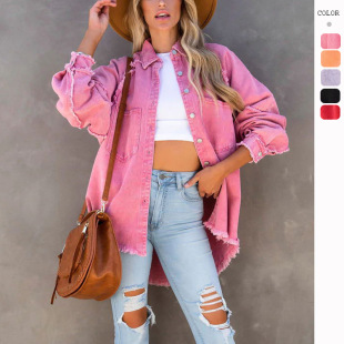 vintage tassel jacket tops denim casual loose Women ripped