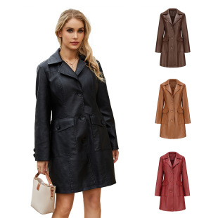 Women's long sleeve leather trench coat fashion jacket皮风衣