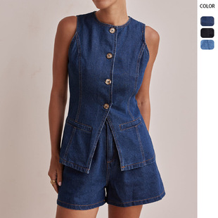 women high denim shorts top loose vest sleeveless waisted