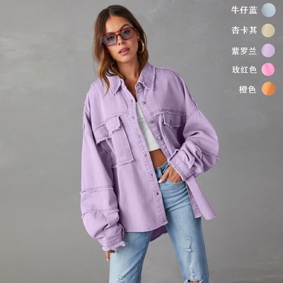 Casual long sleeved denim jacket medium length jacket womens