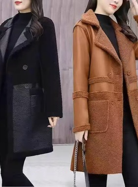 Winter women's length suit collar loose  leather jacket top