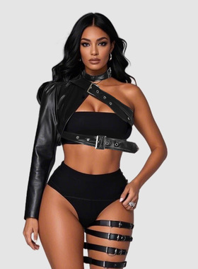Women's Black single shoulder dance outfit Leather jacket ﻿