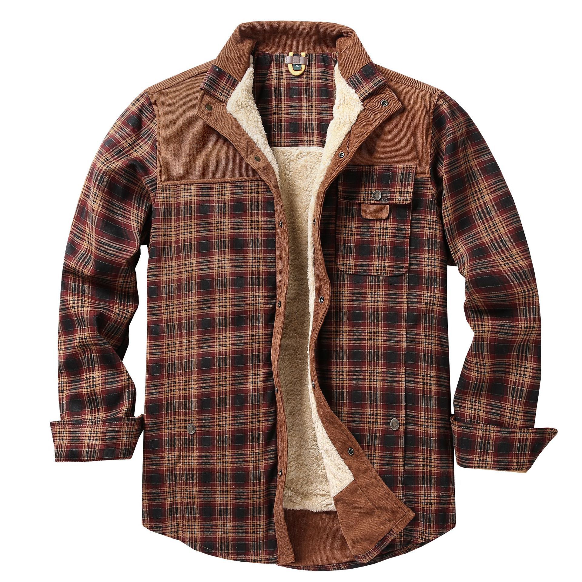 Checkered shirt jacket men's jacket fleece plus extra top