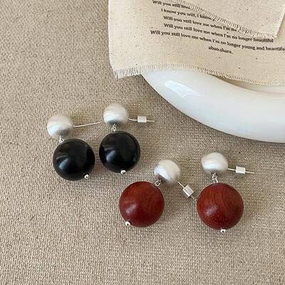 轻奢复古木质圆球拉丝金属耳钉女