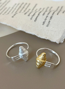 设计感金银撞色面包叉子开口戒指女小众独特个性时尚百搭指环戒子