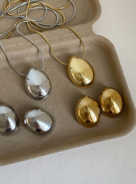 几何椭圆光面金属吊坠项链耳钉女欧美夸张个性时尚百搭颈链毛衣链