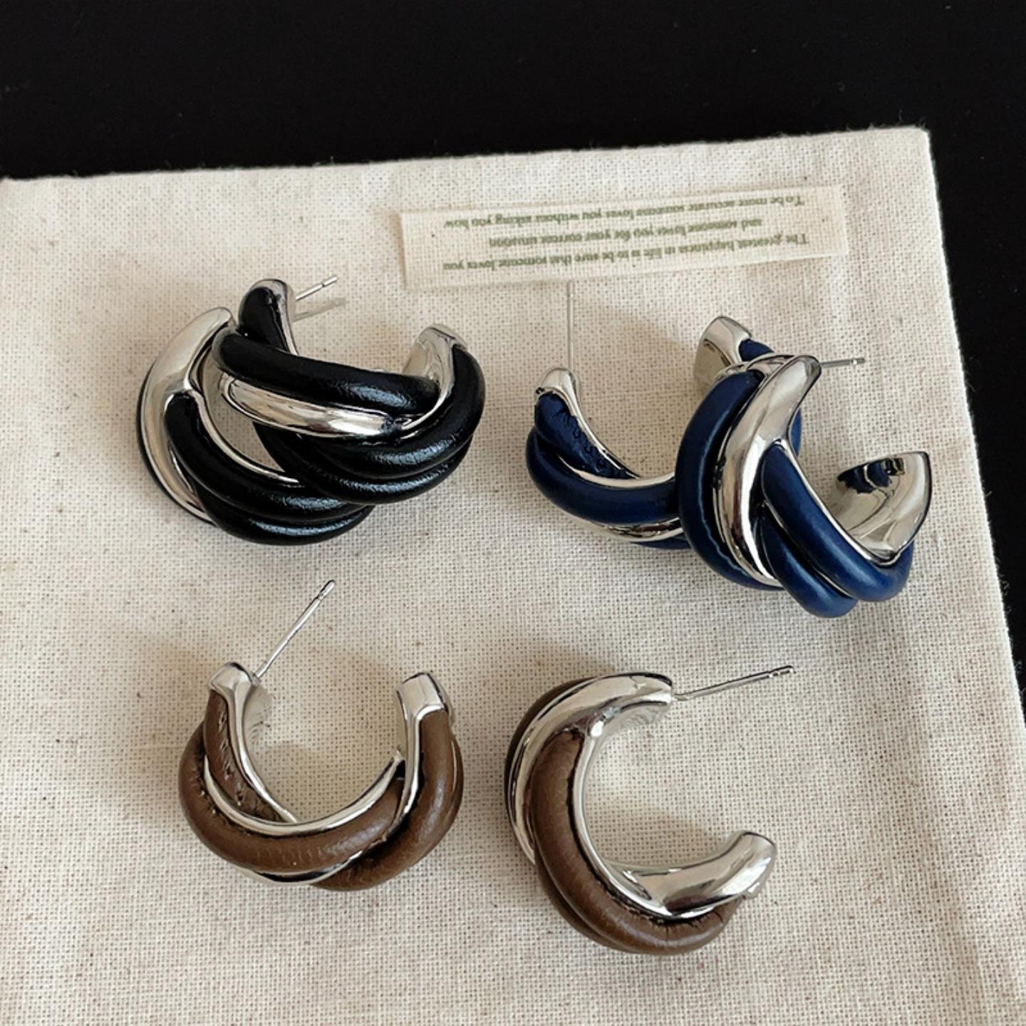 个性独特皮革缠绕金属耳钉女欧美
