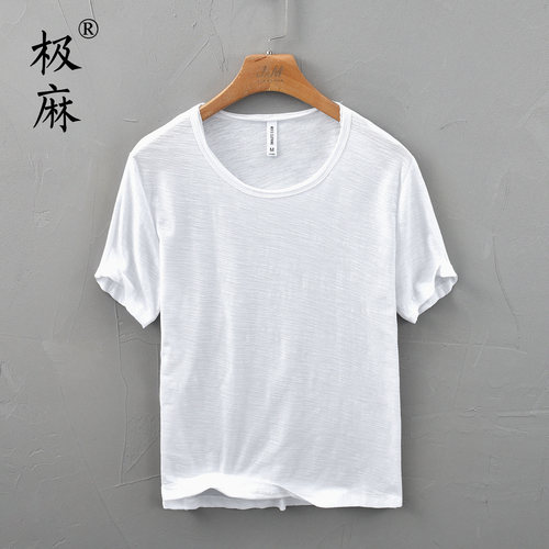 极麻圆领薄款竹节棉休闲短袖T恤男士做旧毛边柔软修身纯棉男t恤衫